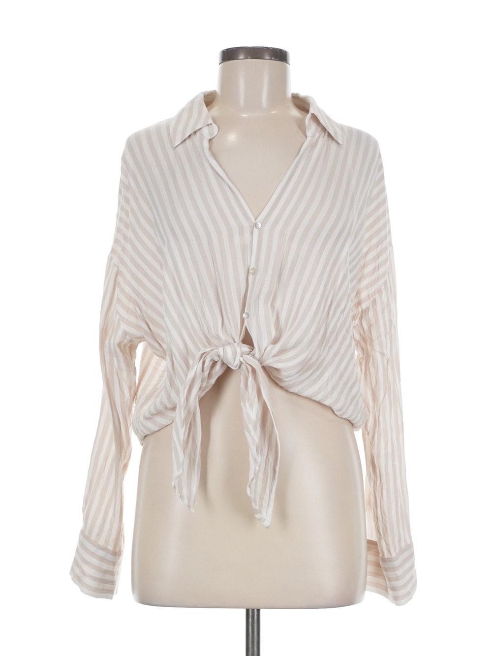 Lucy Paris Ivory Striped Tie Front Blouse Sz M Collared Long Sleeve